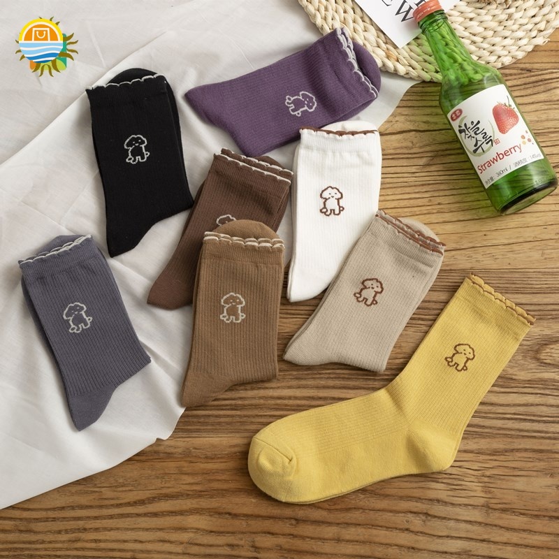 Đôi tất bằng cotton màu trơn in hình chú cún dễ thương hợp thời trang cho nữ YIYUEJP2