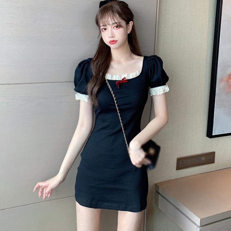 Đầm tay phồng phối ren màu trơn phong cách retro Hàn Quốc cho nữ