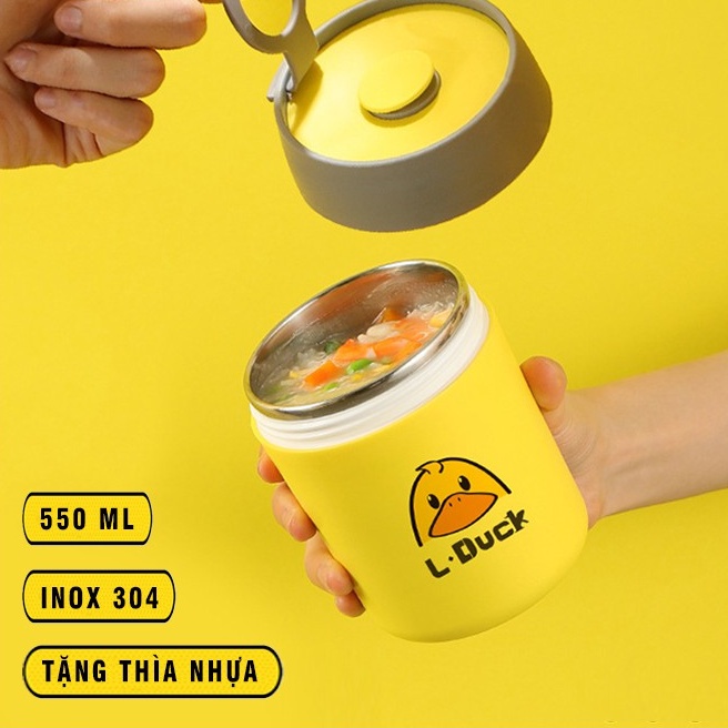 Hộp ủ cháo giữ nhiệt dễ thương hình chú vịt vàng có thìa nhựa lõi INOX giữ nhiệt cực tốt nhỏ gọn tiện lợi