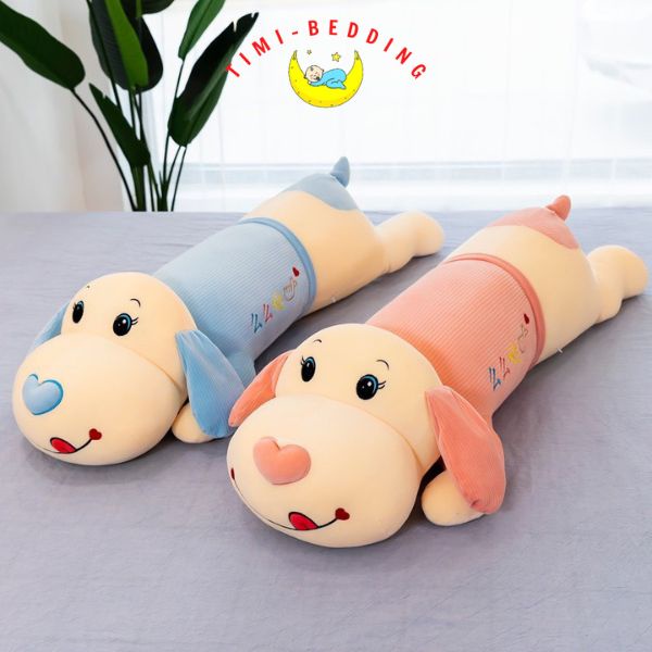 Gấu bông con chó ngủ mũi trái tim tim hồng, xanh tai dài siêu cute, đáng yêu kích thước 90cm, 110cm, 140cm - Timibedding