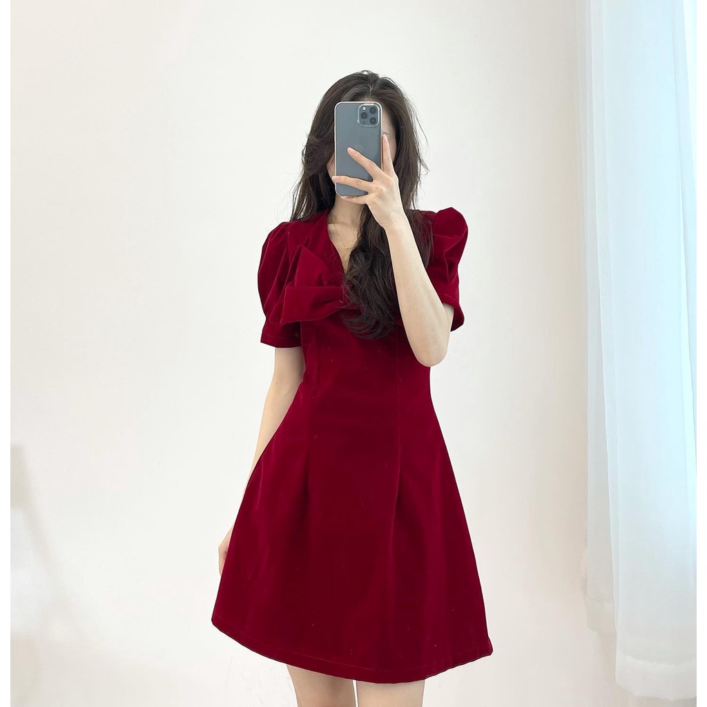 (FREESHIP) đầm nhung đỏ cổ nơ miho.house | BigBuy360 - bigbuy360.vn