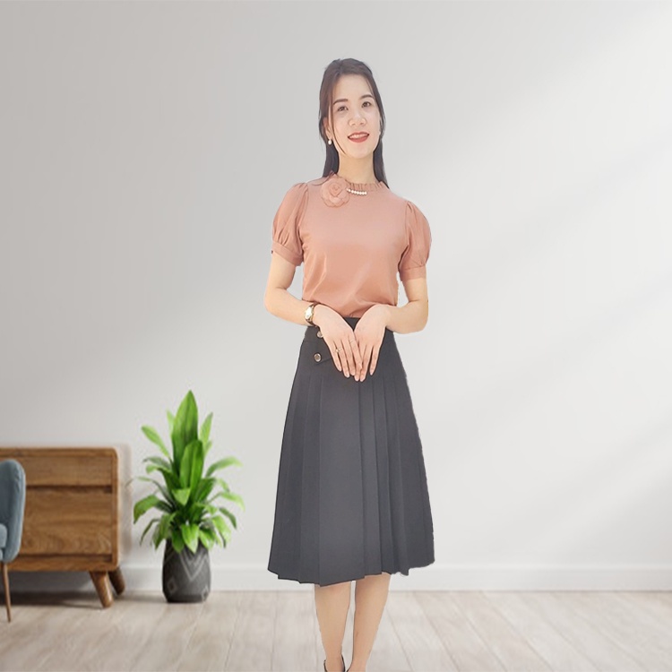 Áo sơ mi nữ tay lỡ, bèo cổ có hoa cài bằng Đũi Tằm siêu mềm mát -M13