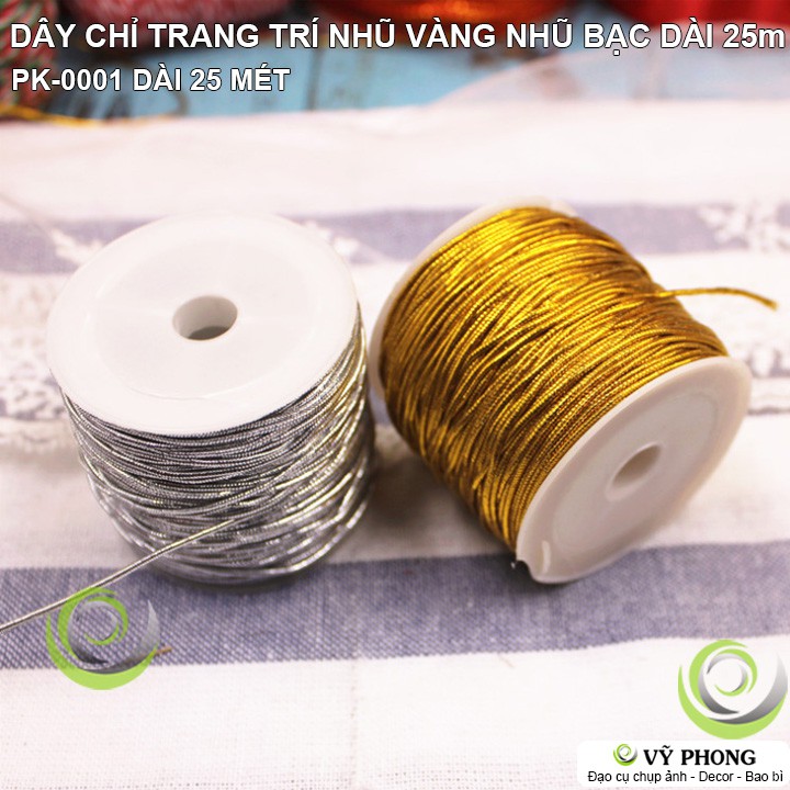 CUỘN DÂY CHỈ TRANG TRÍ DÀI 25M NHŨ VÀNG NHŨ BẠC TRANG TRÍ BAO BÌ HỘP QUÀ PK-0001