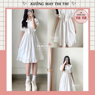 Đầm Nữ Trắng Vai Bèo Cộc Tay Buộc Nơ, Váy Nữ Chất Đũi mỏng nhẹ Dáng Xoè (có ảnh thật)