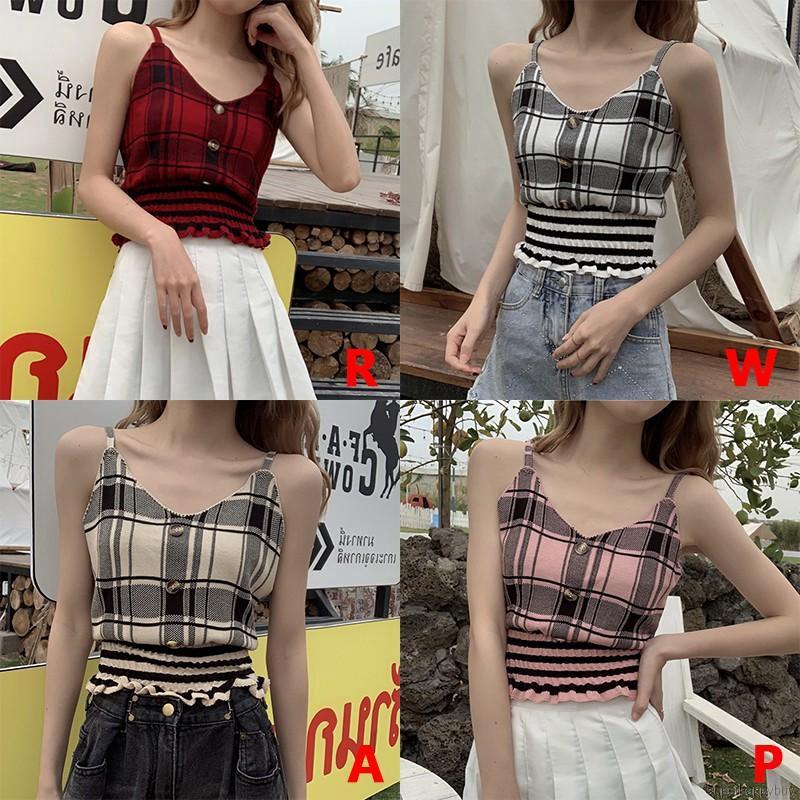 Áo Hai Dây Nữ Cổ Chữ V Họa Tiết Caro Gợi Cảm