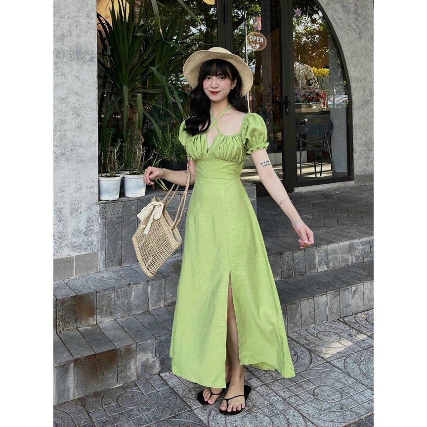 Đầm cổ yếm tay nơ xẻ tà (Có mút ngực) xinh xắn dịu dàng dạo phố, đi biển