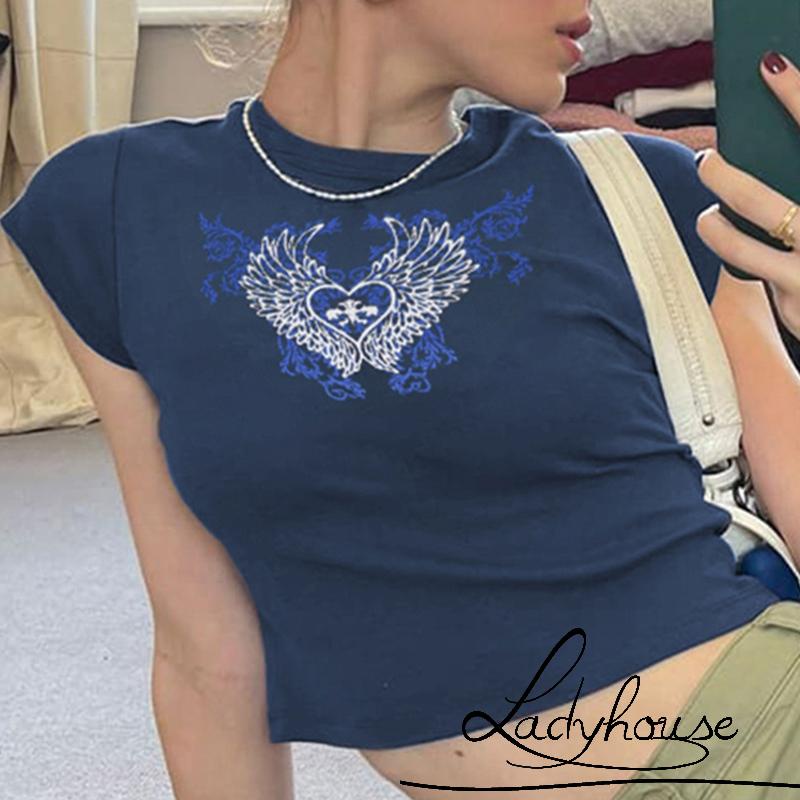 Áo Thun Ngắn Tay Cổ Tròn In Hình Đôi Cánh Thiên Thần Và Trái Tim Thời Trang Mùa Hè Cho Nữ