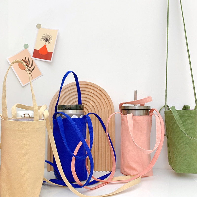 Túi Đựng Bình Nước Bằng Vải Canvas Màu Trơn Kèm Dây Đeo Tiện Dụng