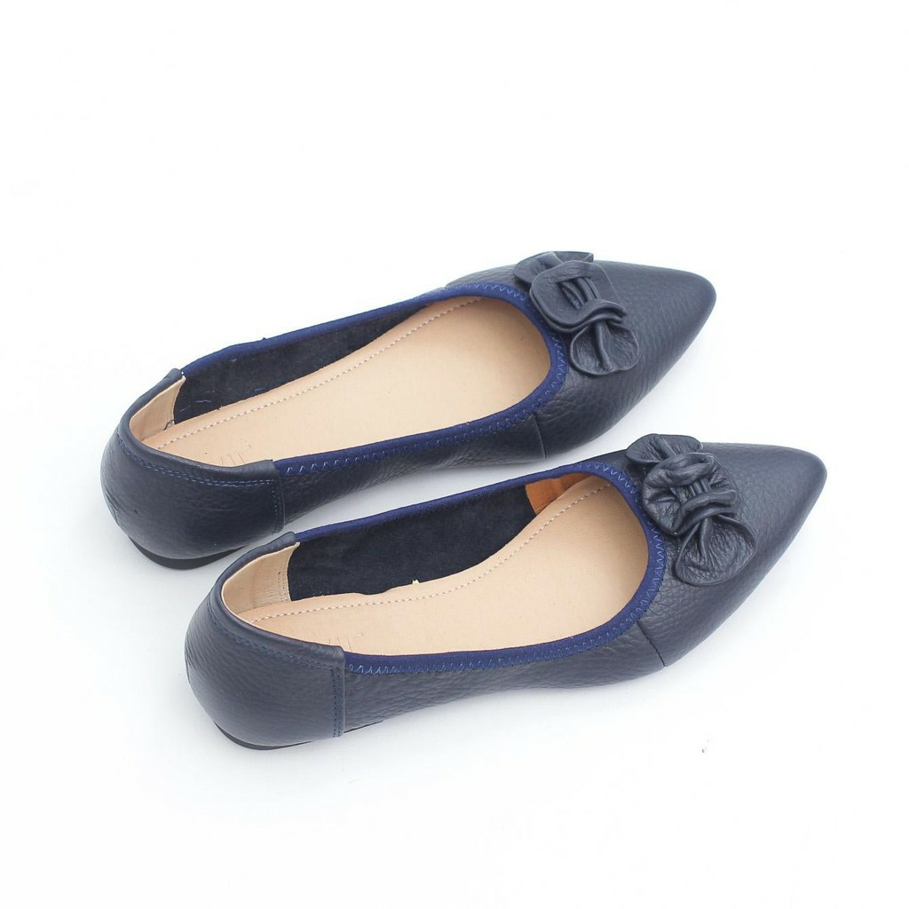 Giày Búp Bê Mũi Nhọn Da Bò Thật Nơ Xếp P126