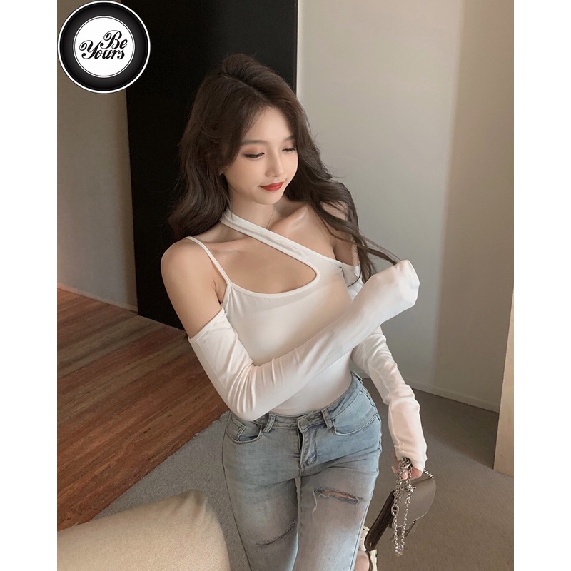 Áo Croptop 2 Dây Hở Vai 1 Bên Bigsize Dài Tay May Hai Lớp Chất Borib 2 Chiều Co Dãn "QUÂY XÉO TD"
