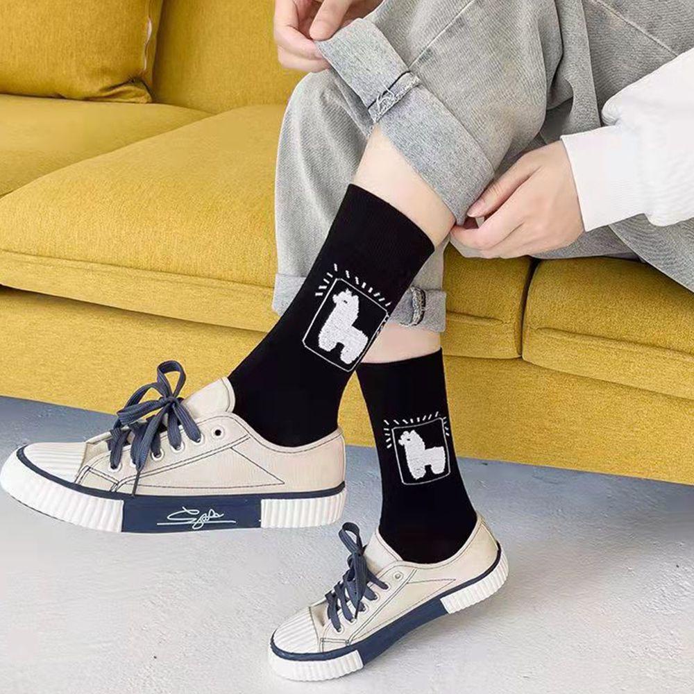 AROMA Vớ Cotton Cổ Vừa Thoáng Khí In Họa Tiết Hoạt Hình Alpaca Phong Cách Harajuku Dễ Thương Thời Trang Unisex