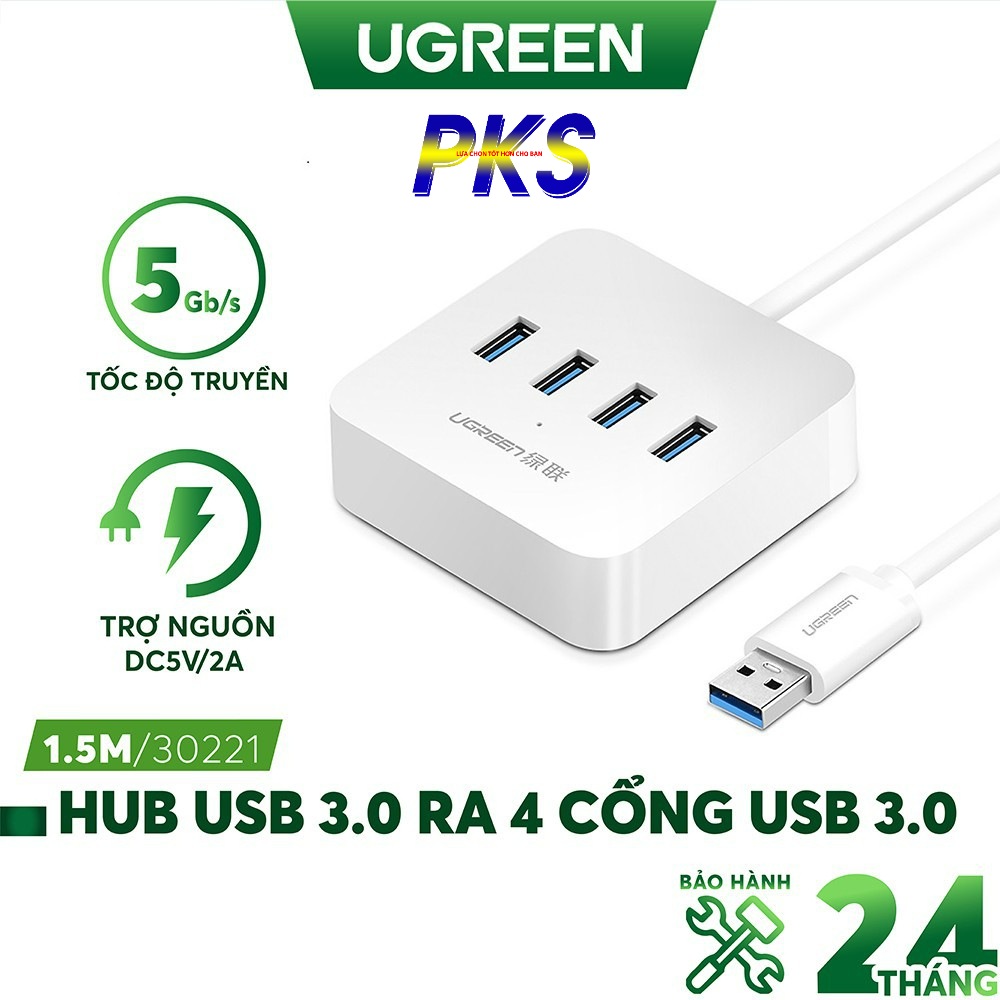 Bộ chia USB 3.0 ra 4 cổng hỗ trợ nguồn DC 5V/2A tốc độ 5Gbps độ dài 1.5m UGREEN CR118 30221