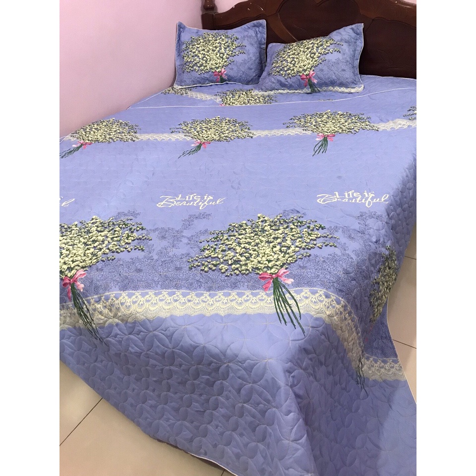 [Sale to] Bộ 3 Món Ga Xẻ Góc Trần Bông Dày Dặn (Drap Chùm Kèm 2 Vỏ Gối Đầu, Ga Phủ Xuống Giường Như Ảnh) - Poly cotton