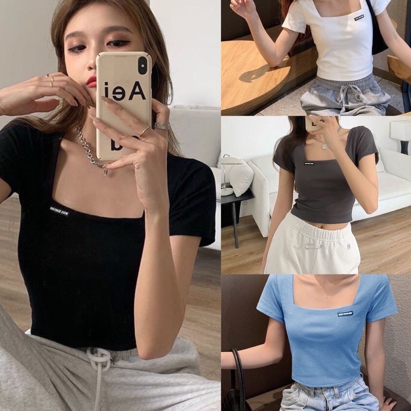 (MỚI) Áo Crt Cổ Vuông Nữ Thiết Kế Tay Ngắn Ôm Body Sexy PHỐI TAG CỔ VIỀN ÁO