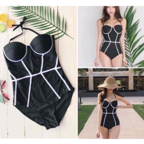 Bikini đi biển 1 mảnh bodysuit cúp ngực màu đen phối viền trắng KONKUN MS34