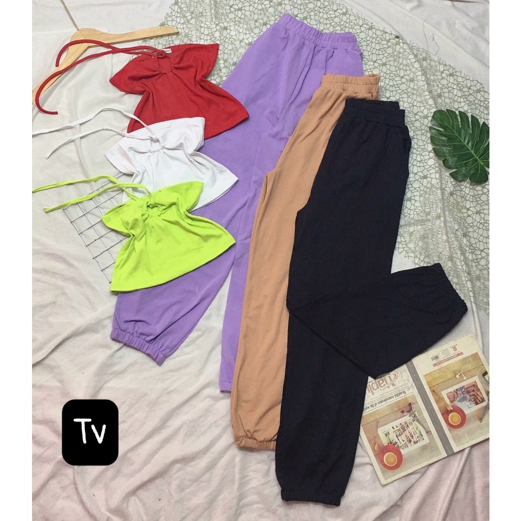 mix set quần jogger trơn bo ống kèm áo ống luồn cổ