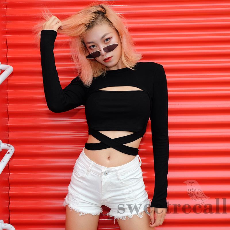 Áo Croptop Tay Dài Cổ Tròn Màu Trơn Thời Trang Cho Nữ