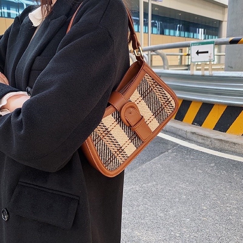 Túi Đeo Chéo Nữ Phối Thổ Cr, Túi Xách Nữ Dạ Kẻ Thời Trang Hàn Quốc