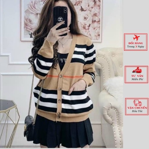 Áo khoác cardigan len nữ kẻ sọc ngang đen vàng ulzzang Hàn Quốc thu đông