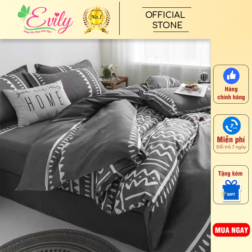 Trọn Bộ 4 Món Chăn Ga Gối Mền Cotton Poly. Thương Hiệu Evily Mẫu HOẠ TIẾT PHỐI XÁM sang trọng,sang chảnh - EvilyDecor