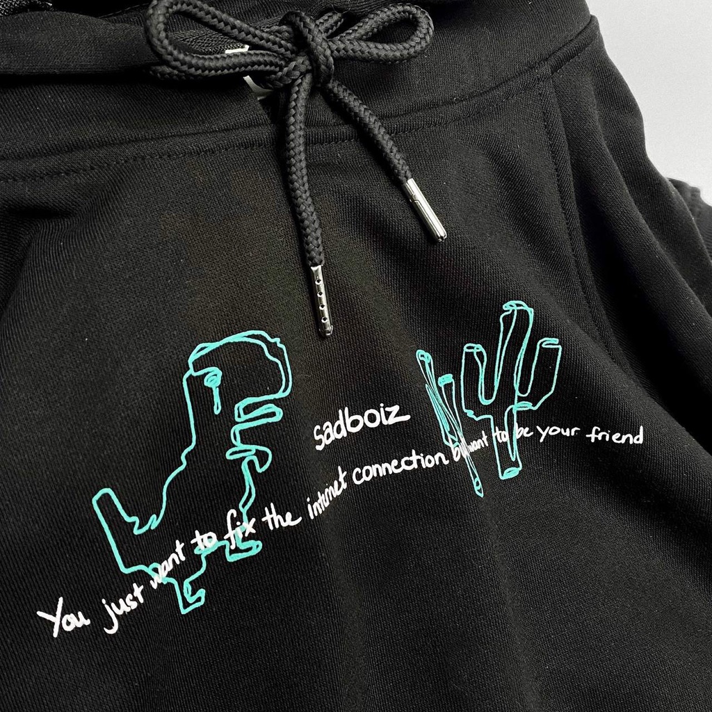áo hodie tay dài SADBOIZ SADDINO khủng long xanh( mẫu in) uinisex from rộng nam nữ NỈ cotton mũ hai lớp BLACK