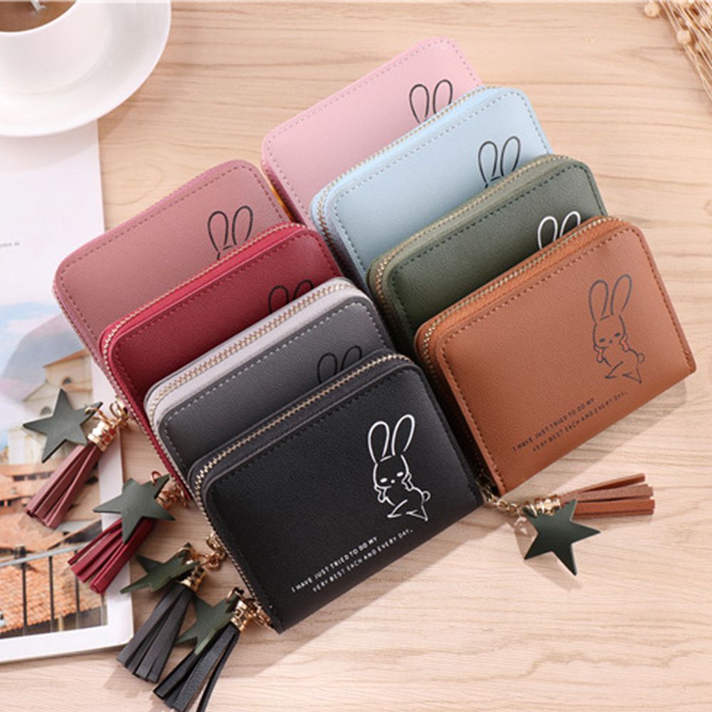 Ví mini ngắn có khóa kéo họa tiết thỏ đơn giản phối tua rua thời trang phong cách Hàn Quốc