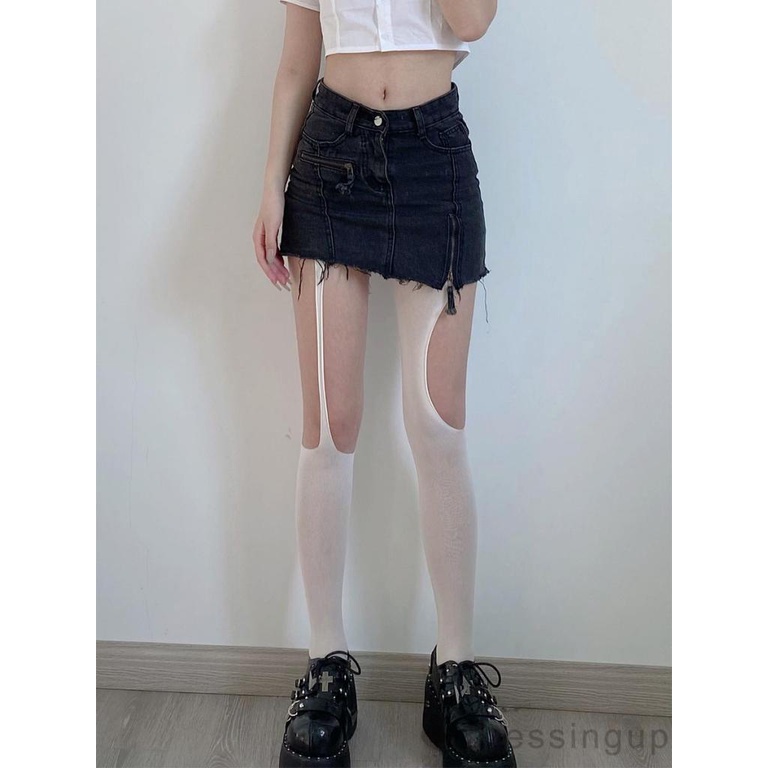 Dre-quần Tất Mỏng Dài Lưng Cao Màu Trơn Khoét Lỗ Không Đối Xứng Cho Nữ