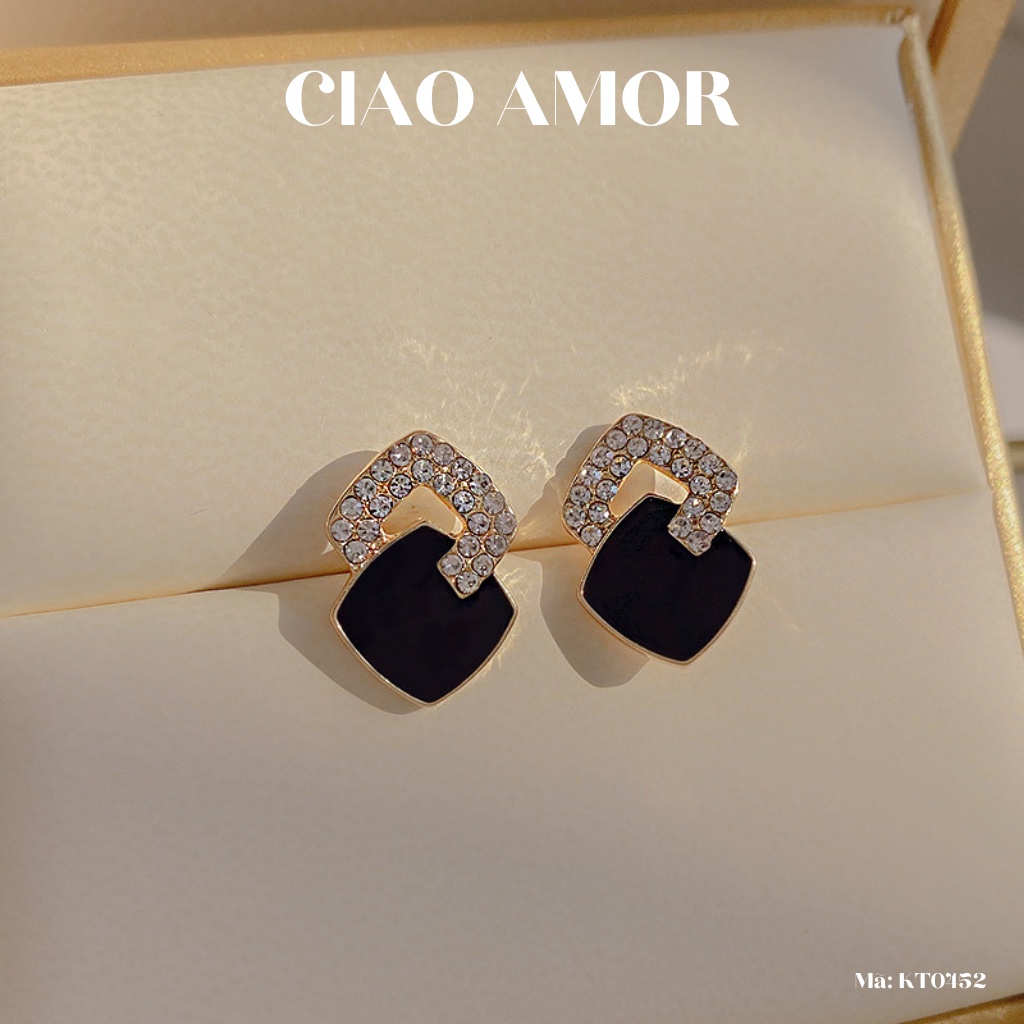 KT0452-Khuyên tai nữ, Bông tai nưc bạc 925 lớp vuông đen đính ngọc đơn giản thanh lịch Trang sức Ciao Amor