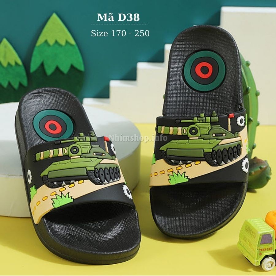 Dép bé trai hình xe tăng Nhím Shop Giày Trẻ Em nhựa quai ngang thời trang chống trơn trượt 3 4 5 6 đến 12 tuổi đen D38