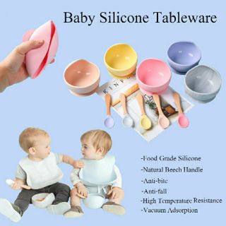 Bộ bát ăn dặm kèm thìa silicon chịu nhiệt an toàn cho bé