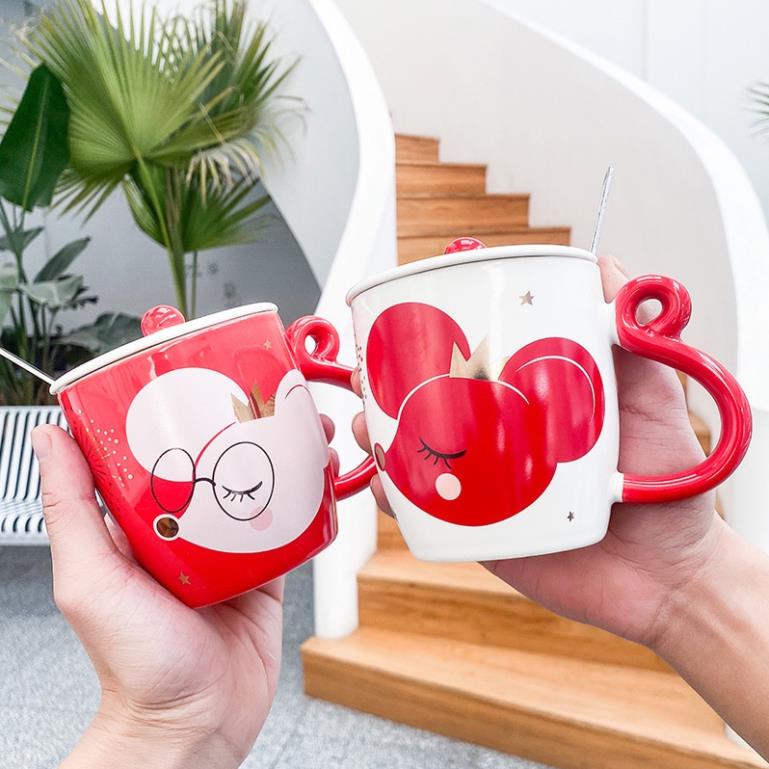 LY CỐC UỐNG NƯỚC TRÀ ĐỂ BÀN VĂN PHÒNG CÓ NẮP ĐẬY KÈM MUỖNG HÌNH CHÚ CHUỘT CUTE DỄ THƯƠNG
