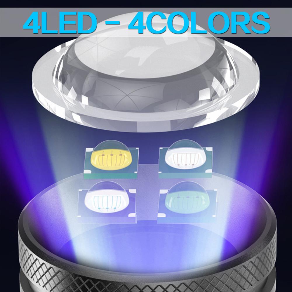 Mới đèn pin 4 bóng led ánh sáng trắng/ tím/ vàng chống thấm nước kèm giá đỡ tiện dụng