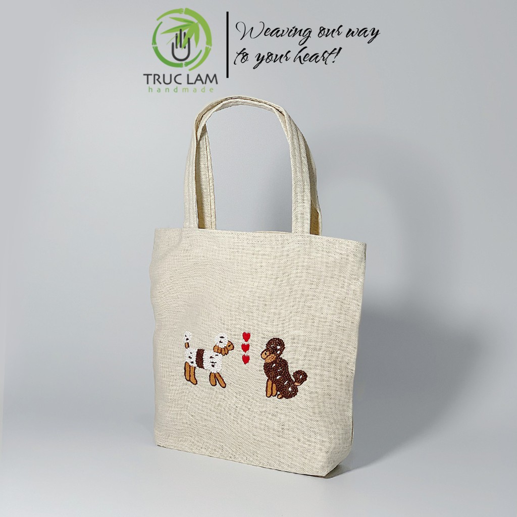 Túi Xách Vải Linen Thêu Tay Họa Tiết Hai Chú Chó (A) - Trúc Lâm Handmade