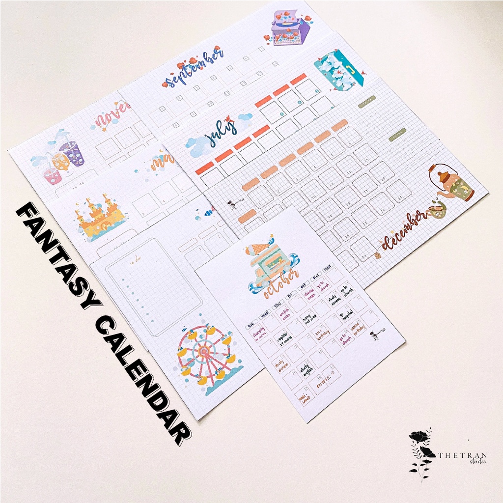 bộ 12 tờ lịch kế hoạch hàng ngày 12 tháng dùng cho tất cả các năm A5, A6 / fantasy calendar / thetranstudio