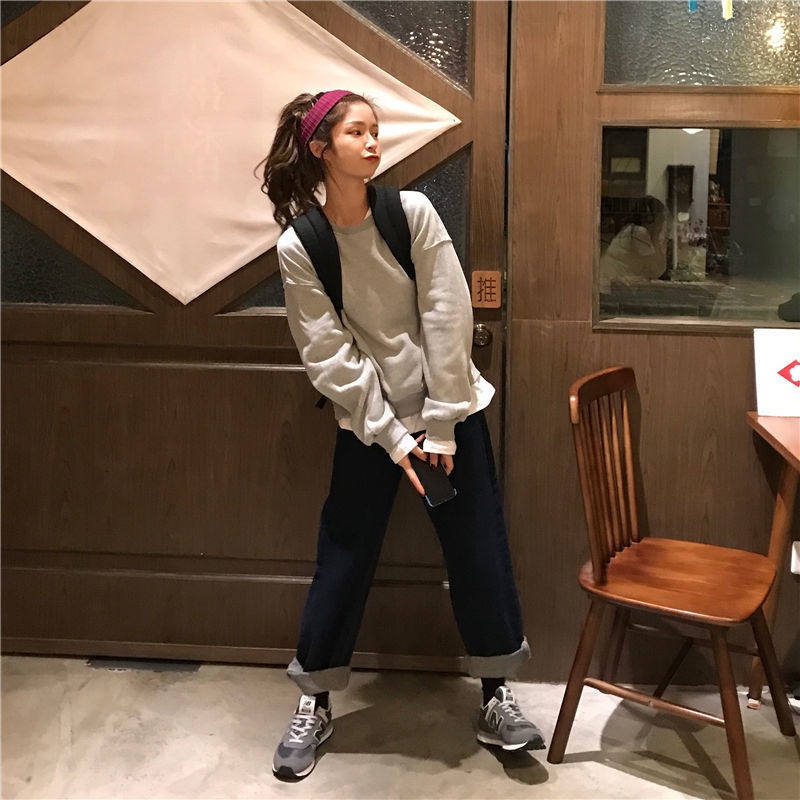 Áo sweater dáng rộng IELGY tay dài cổ tròn phong cách Hàn Quốc thời trang cho nữ