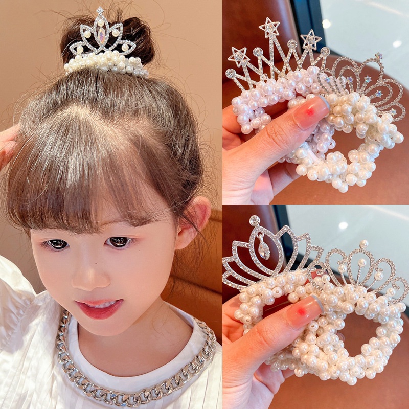Dây Buộc Tóc Hình Vương Miện Công Chúa Đính Ngọc Trai Thời Trang Nhật Hàn Cho Bé Gái