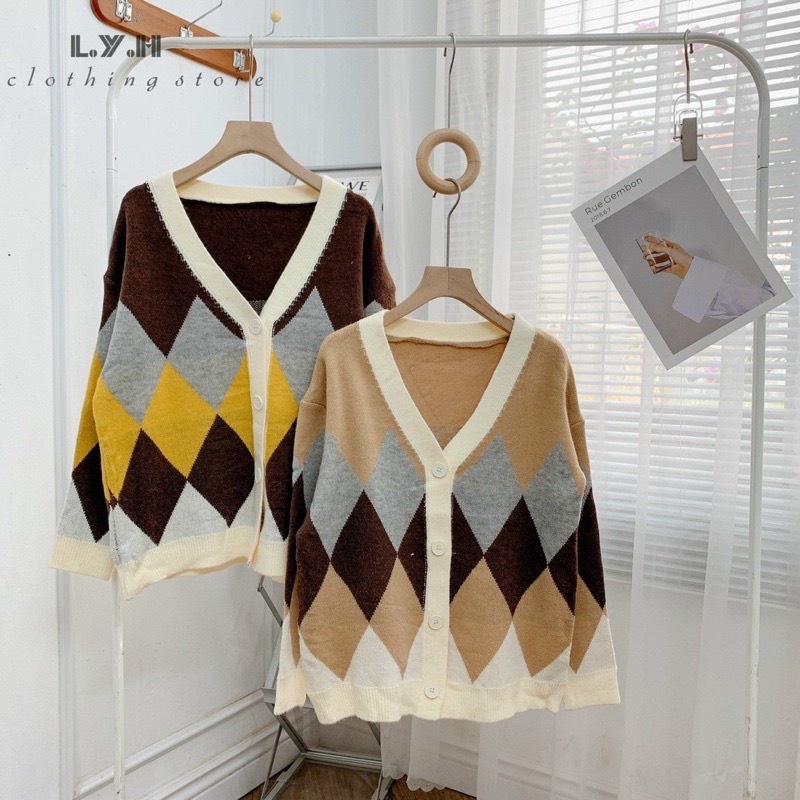 Áo len cadigan hoạ tiết ô trám 2 màu nâu be hàng QC cao cấp Zinstore94 | BigBuy360 - bigbuy360.vn