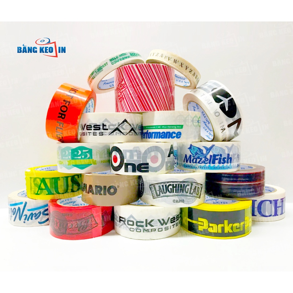 Băng keo màu IN LOGO - tên thương hiệu - dán thùng - giá rẻ (bảng 4.8F, 1KG2)