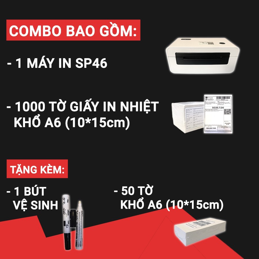 Máy in đơn hàng Shoptida SP46 kèm 1000 giấy in nhiệt 10*15cm decal tự dán, có phân loại kèm phụ kiện, bảo hành 12 tháng