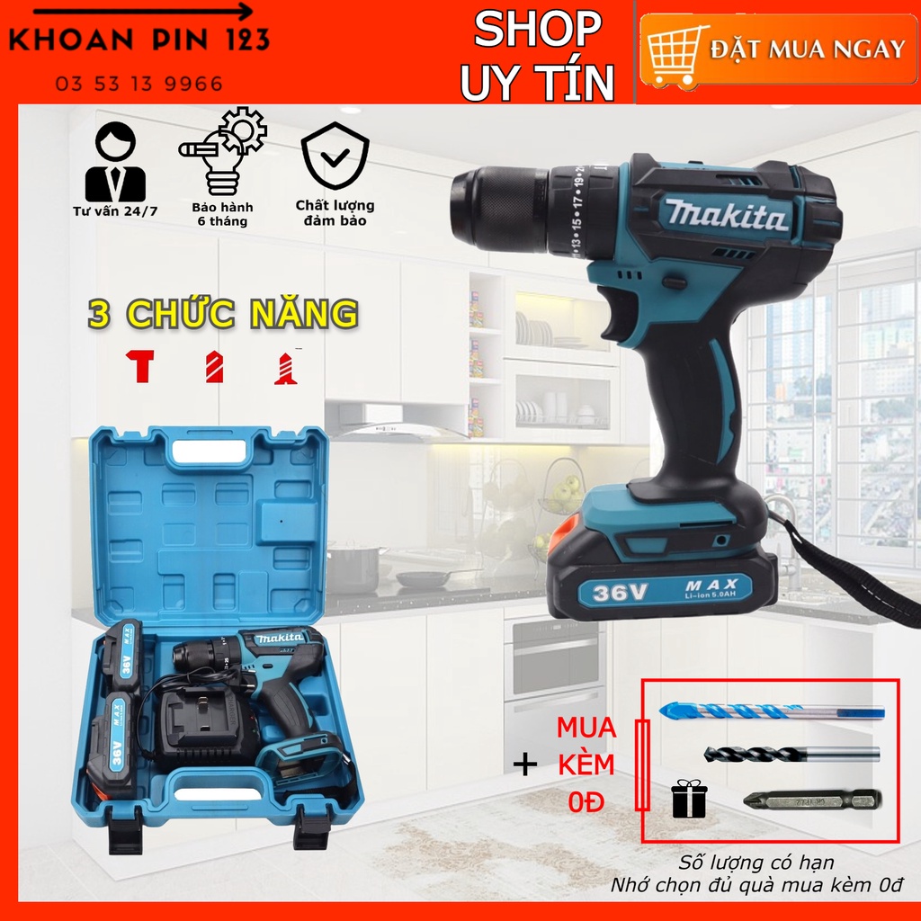 Máy khoan pin búa bắt vít đa năng Makita 13mm loại có chổi than dùng gia đình MT55013mm (PIN 5S)