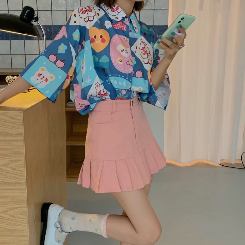Áo Sơ Mi Tay Ngắn Dáng Rộng In Họa Tiết Dễ Thương Thời Trang Mùa Hè Cho Nữ