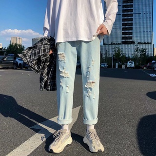 Quần jean ống rách dáng suông bo gấu đơn giản thời trang Hàn Quốc nổi tiếng size S-3XL cho nam giới