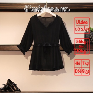 [CÓ SẴN] ÁO KIỂU BIGSIZE NỮ TAY LỠ NỀN ĐEN EO BUỘC NƠ PHONG CÁCH THỜI TRANG - HIMISTORE