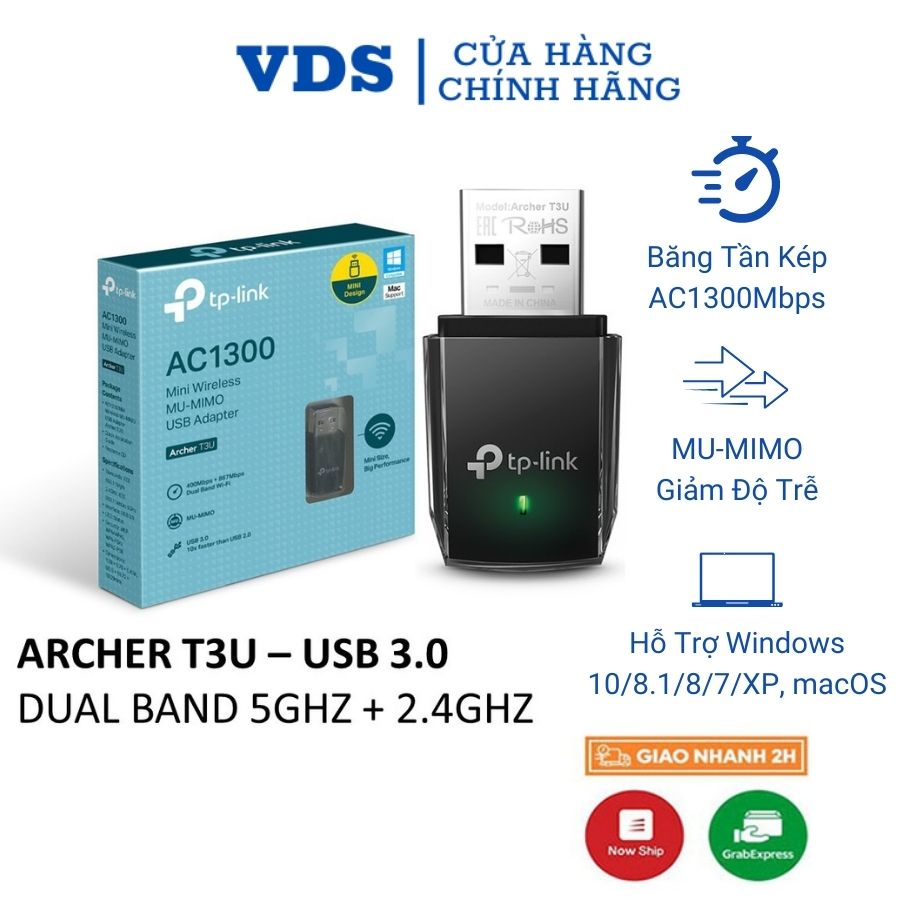 Usb wifi TP-Link archer T3U băng tần kép 2.4ghz và 5ghz thu sóng wifi cho pc laptop chuẩn AC 1300Mbps VDS SHOP