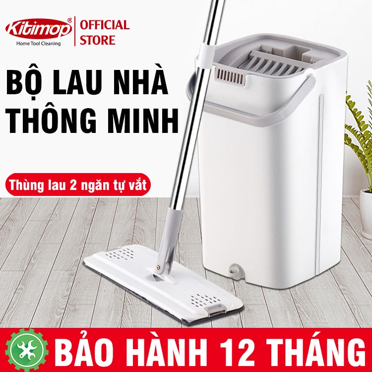 Cây lau nhà thông minh Kitimop-C6 kèm thùng vắt 2 ngăn, chổi lau nhà xoay 360 độ lau sạch khô nhanh, bảo hành 12 tháng