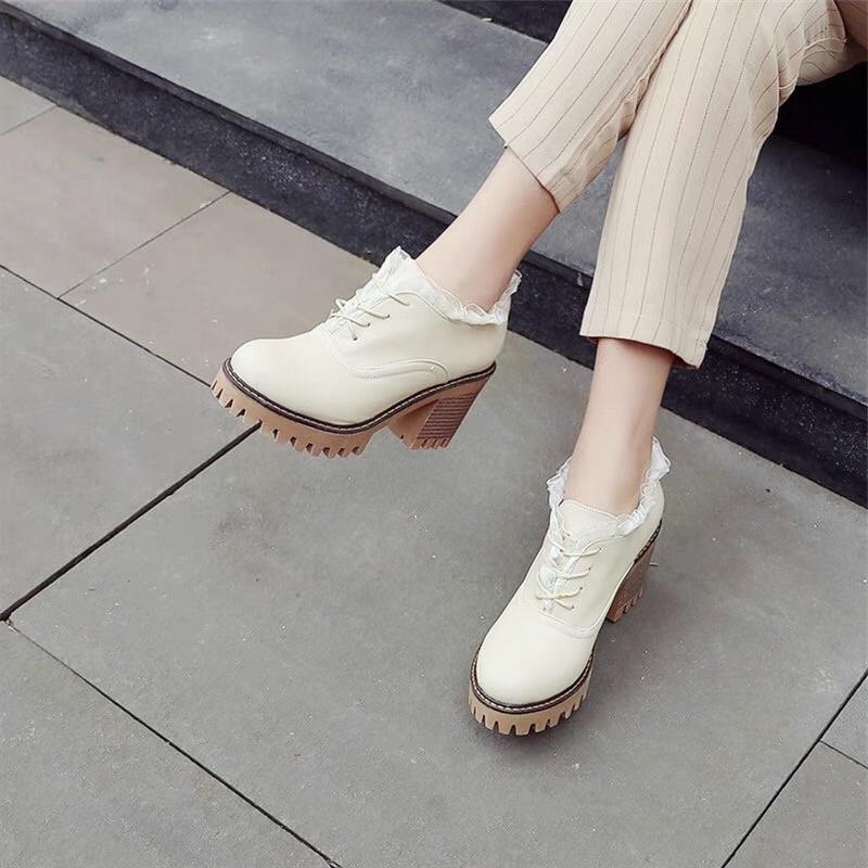 Giày bốt nữ đế cao Tiểu Thư cổ ren Cao Cấp - boots cổ thấp đế độn 2 màu siêu hot | WebRaoVat - webraovat.net.vn