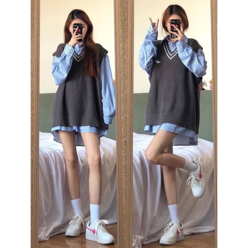 SET ÁO GILE XÁM + SƠMI XANH KẺ SỌC SIÊU HOT- set đồ thu đông siêu hot hàng full size