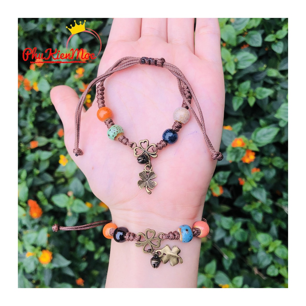Vòng tay dáy rút kiể dáng thổ cẩm vintage hình chiếc lá may mắn