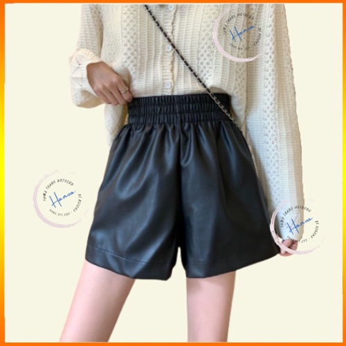 Quần Short Da Nữ Cạp Cao Lưng Chun Co Dán Phong Cách Retro Thời Thượng, Cá Tính Màu Đen
