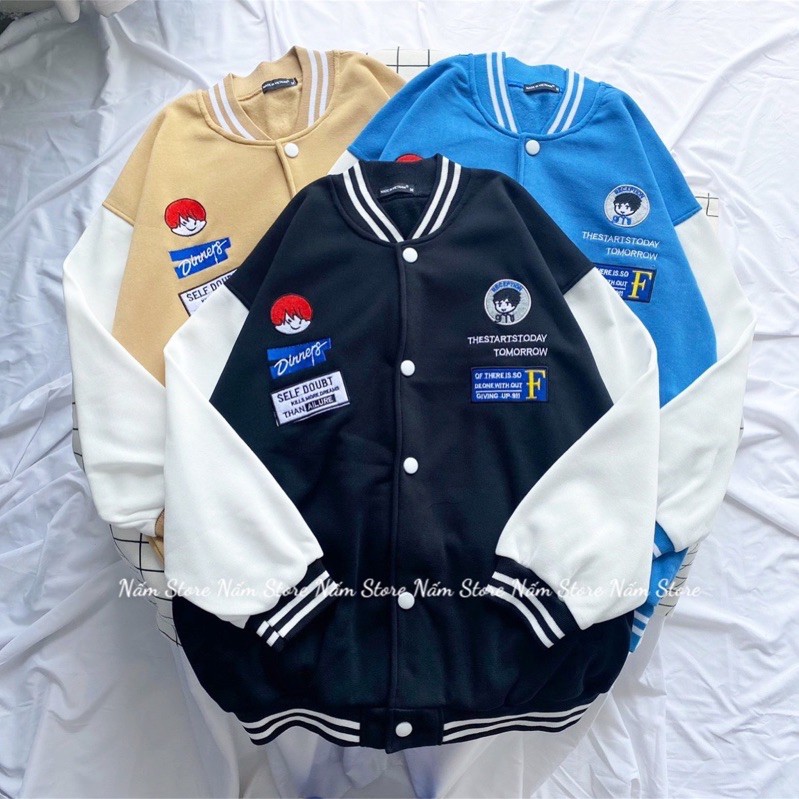 Áo khoác bomber in hình phối tay trắng unisex form rộng style ulzzang - Áo khoác bóng chày màu đen, nâu, xanh